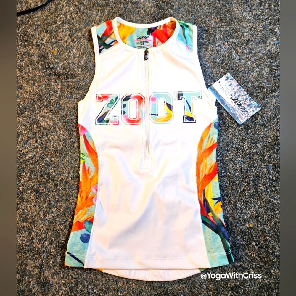 Zoot Sports women's LTD Tri Tank XS 4 back pockets white w Hawaiian patterns